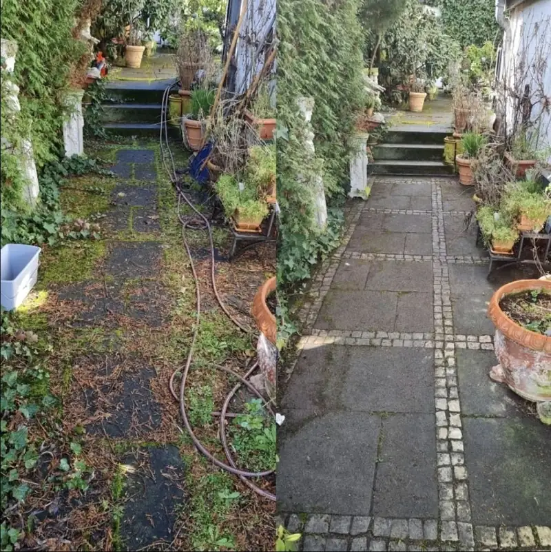Gartenweg vorher und nachher – Moos und Bewuchs entfernt